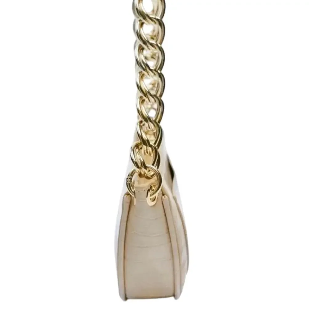 Zara Cream Croc Leather Shoulder Bag with Chunky Gold Chain Baguette Bag